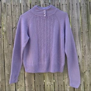 Purple cable knit mockneck sweater 3 pearl buttons